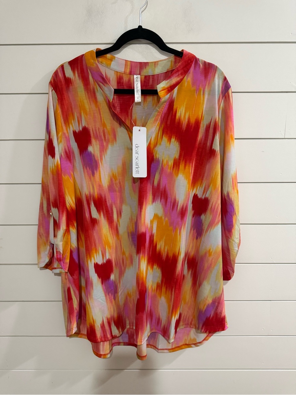 DeaScarlett Multicolor Abstract V-Neck Tunic in Red, Pink, Orange, Yellow, Purpl